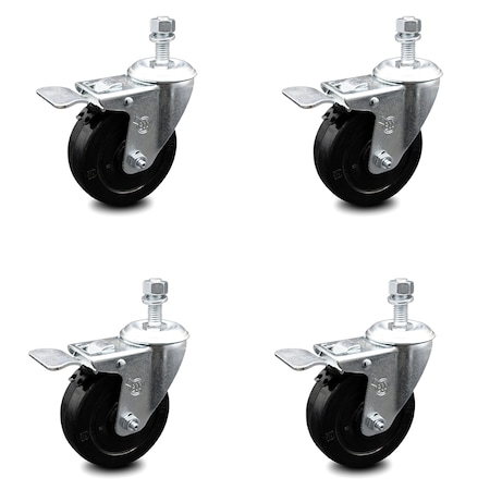 Service Caster 4 Inch Soft Rubber Wheel Swivel 10mm Stem Caster Set with Total Lock Brake SCC-TSTTL20S414-SRS-M1015-4